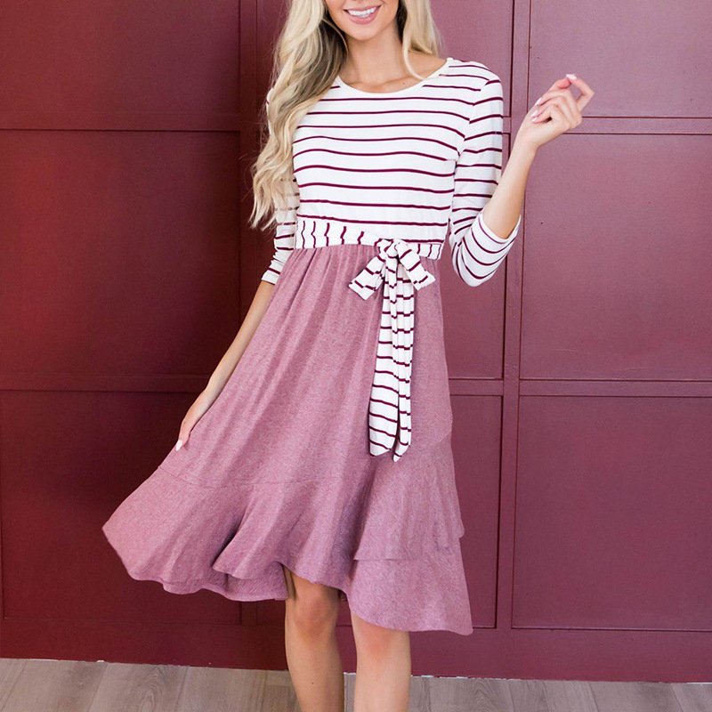 Striped Long-Sleeved Stitching Lace Casual Irregular Dress - Image 5
