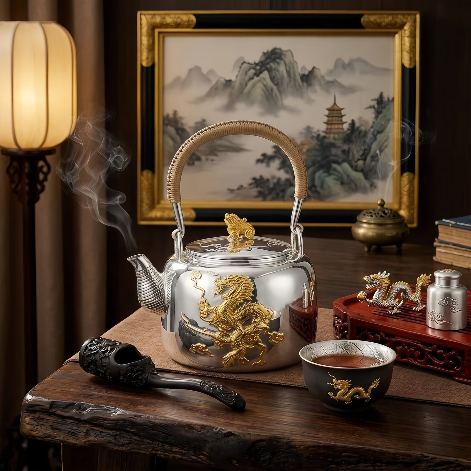 925 Sterling Silver Exquisite Silver Teapot with Gilded Imperial Dragon Relief and Woven Handle - Handicraft - Image 2