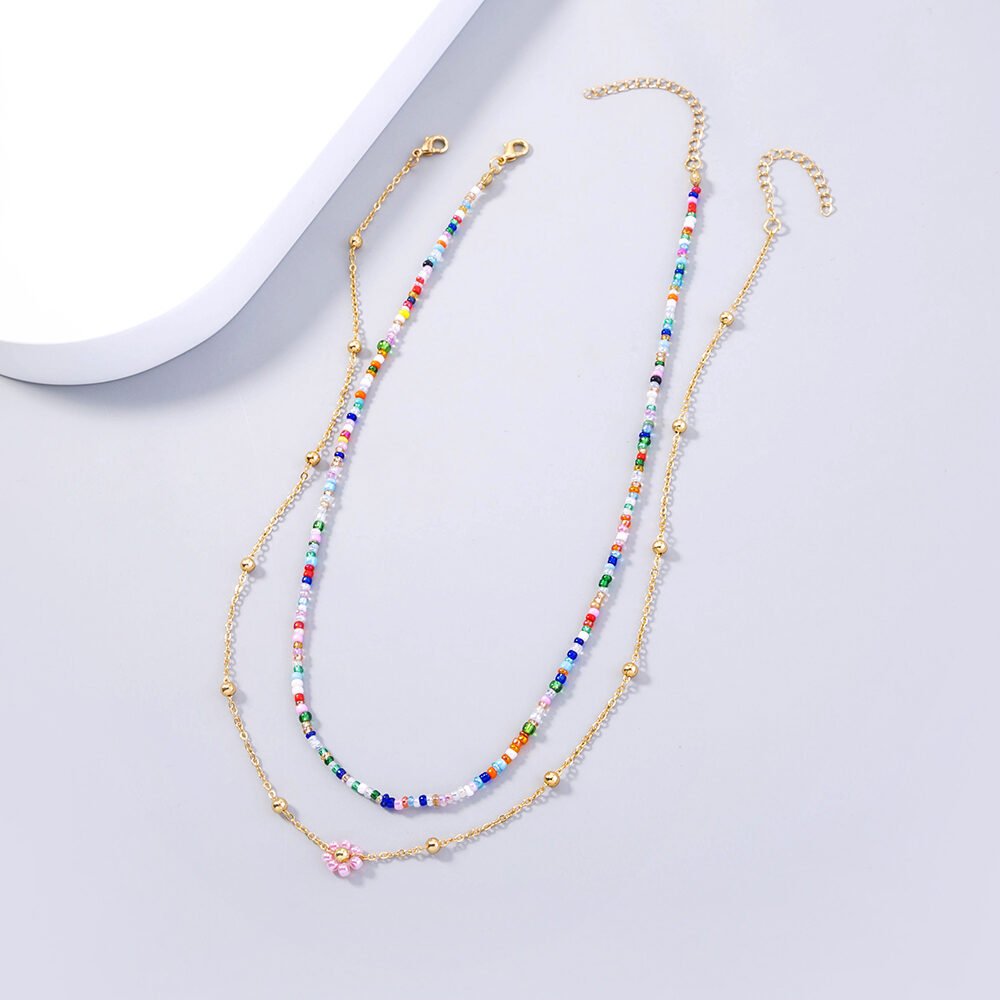 Colorful Chrysanthemum Rice Beads Multi-layered Necklace - Image 2