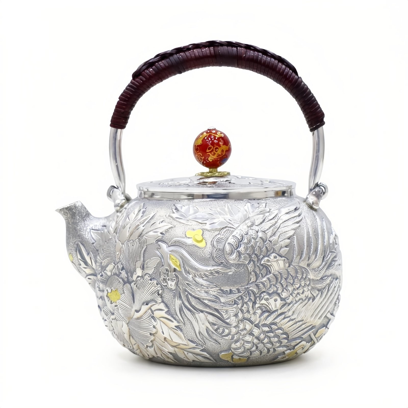Pure 999 Fine Silver Ornate Hand-Carved Silver Phoenix and Peony Teapot with Red Accents - Handicraft - Image 2
