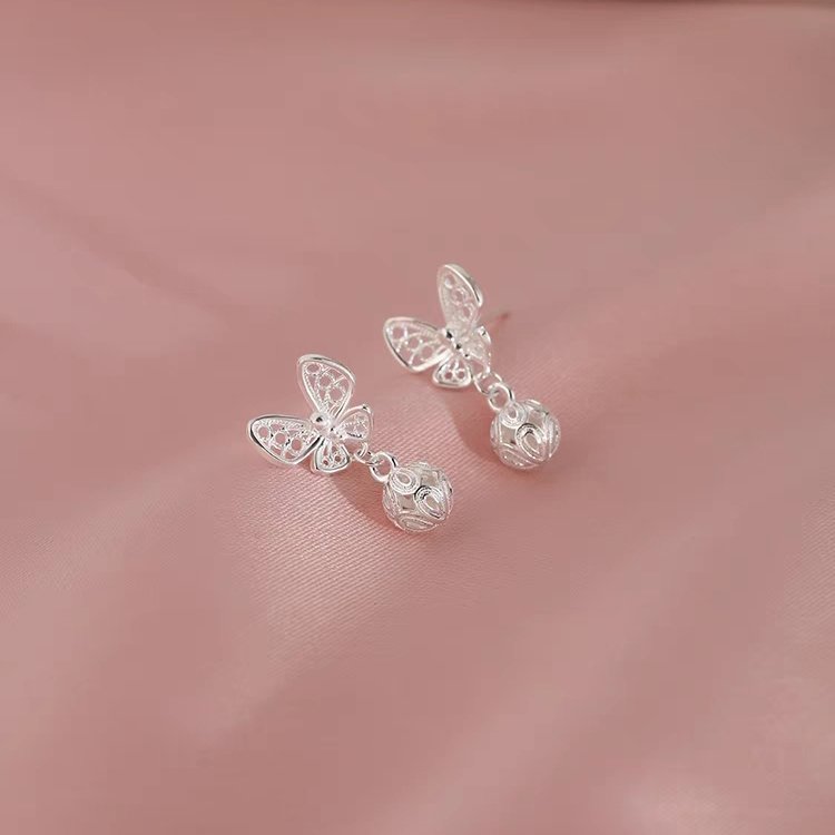 1 Pair 999 Sterling Silver Filigree Hollow Butterfly Palace Bell Stud Earrings, Retro & Elegant, Perfect For Daily, Dating & Gifting, Ideal Valentine's Gift - Image 5