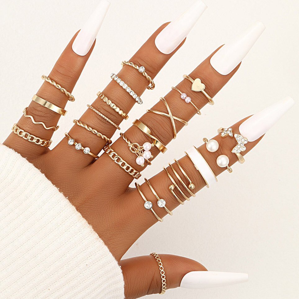 Hollow Heart Geometric Butterfly Leaf Ring Suit - Image 17