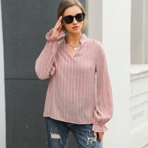 Striped V-neck Women's Original Loose Long-sleeved Shirt