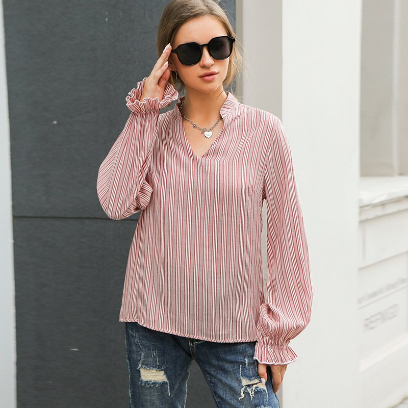 Striped V-neck Women's Original Loose Long-sleeved Shirt