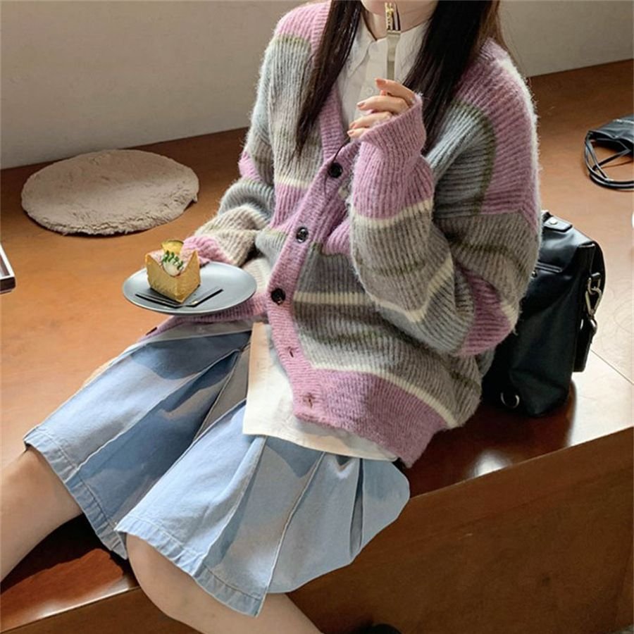 V-neck Japanese Lazy Style Retro Striped Sweater Coat Women - Image 2