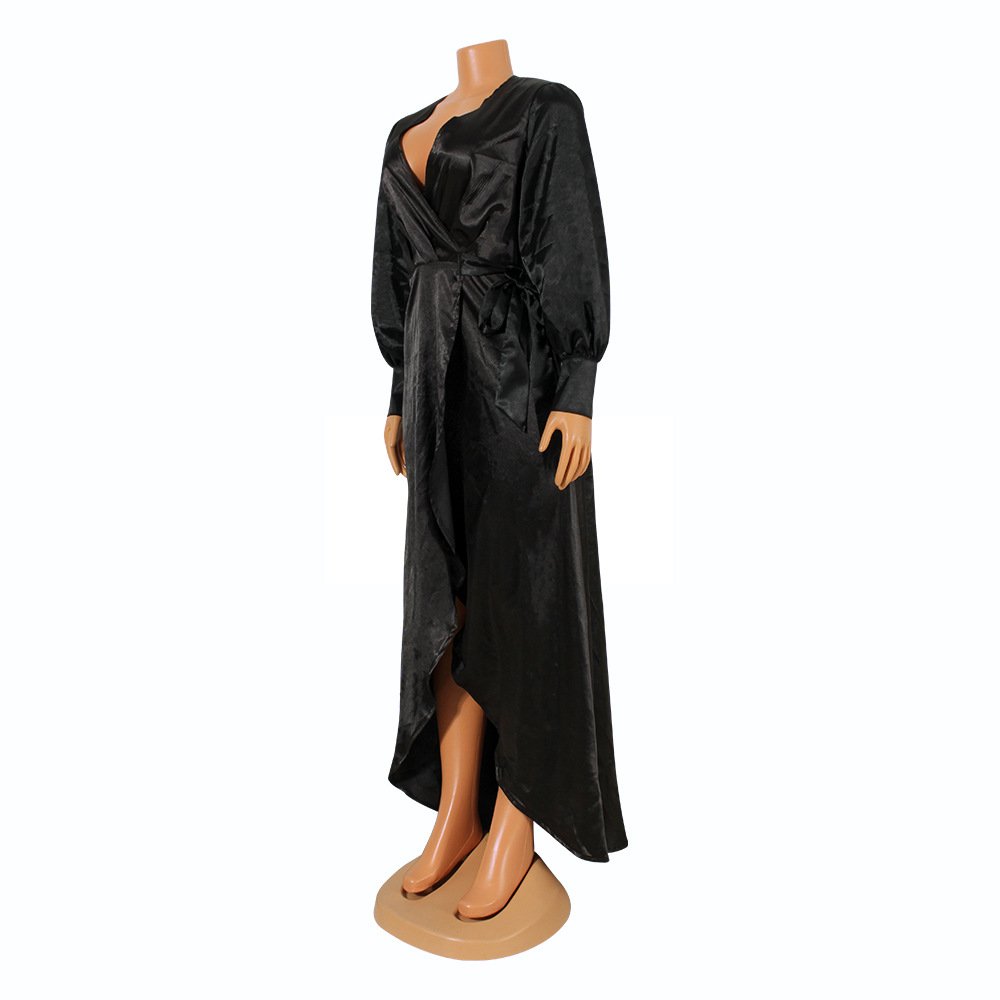 Fashionable V-Neck Silk Face Solid Color Lace Irregular Long Dress - Image 14