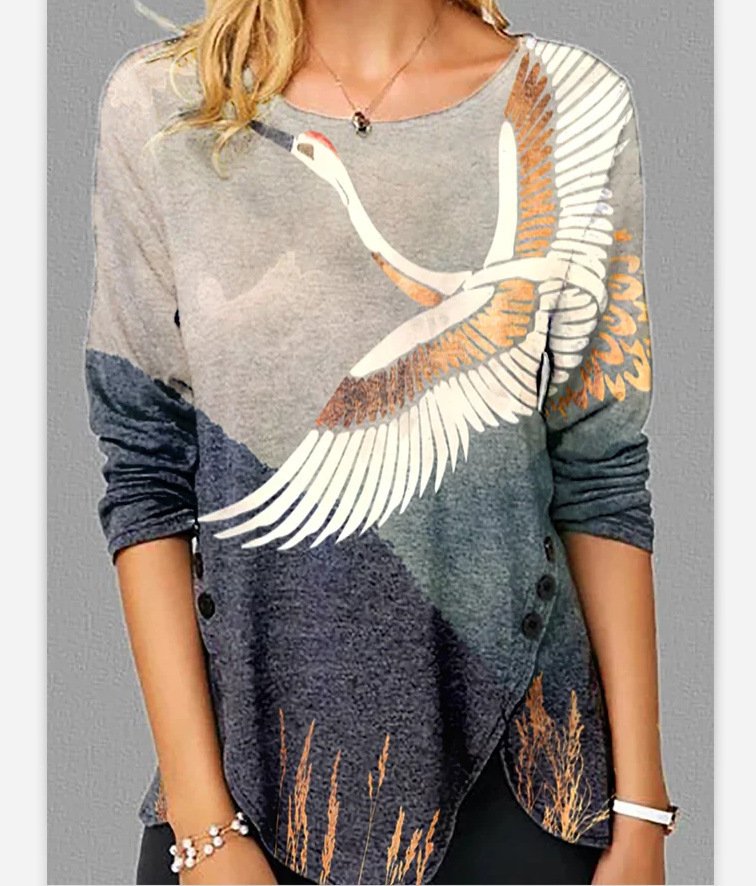 Women's Round Neck Printed Long Sleeve Bottoming Shirt - Image 4