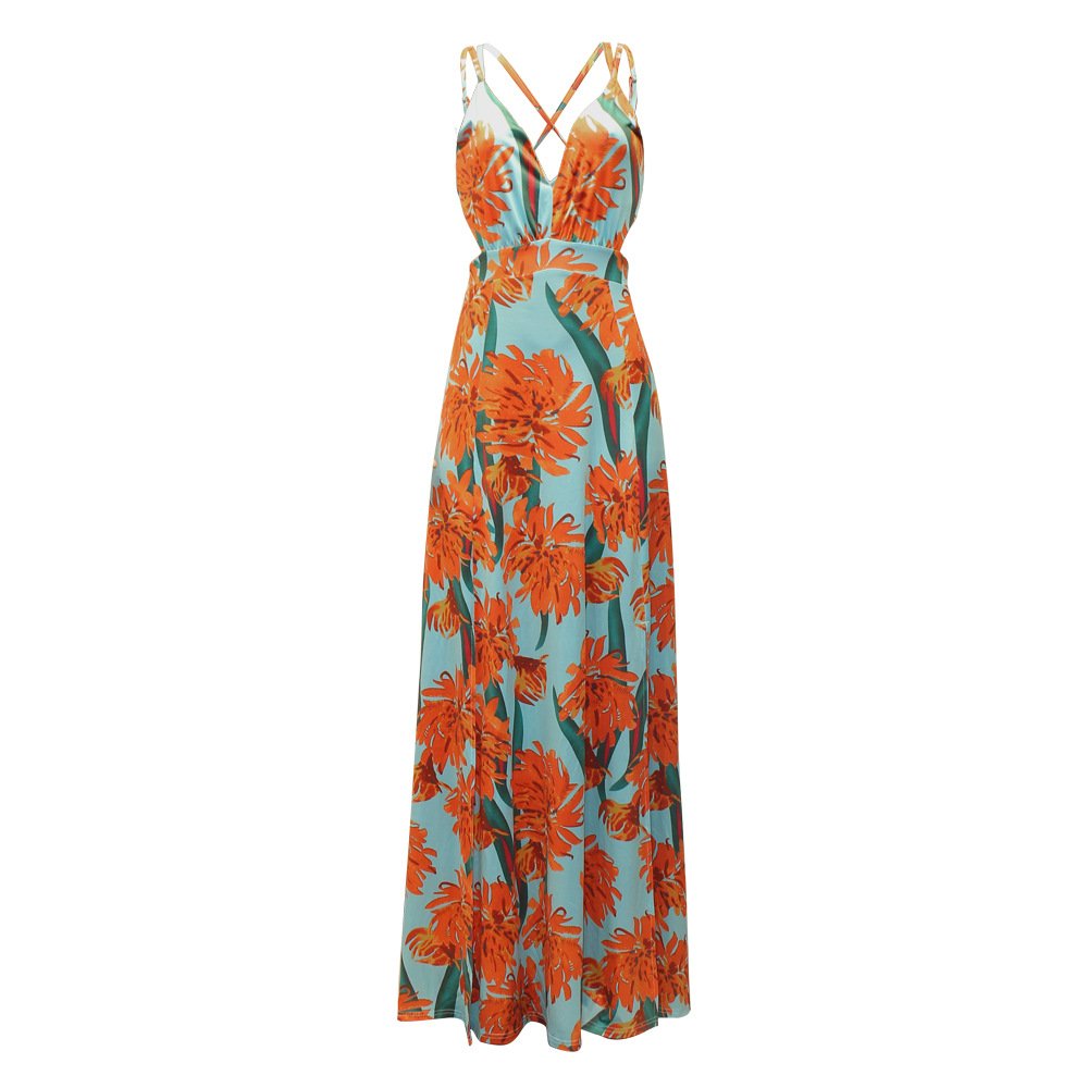 New European And American Print Suspender Open Back Slit Dress - Image 5