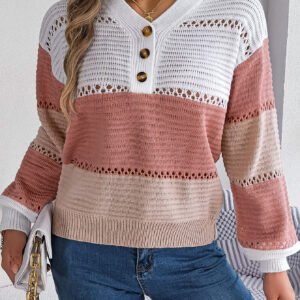 Women Casual Button V-Neck Hollow Out Color Block Lantern Sleeve Pullover Sweater