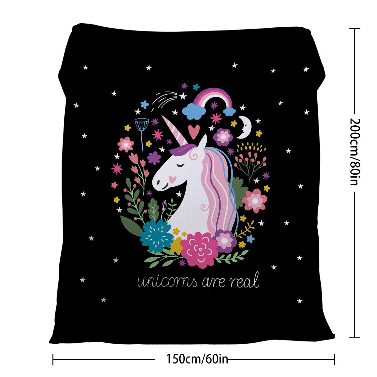 1 Pce Of Flannel Black Base Unicorn Pattern Soft And Fluffy Multifunctional Outdoor Beach Camping Living Room Sofa Office Nap Printed Blanket - Image 9