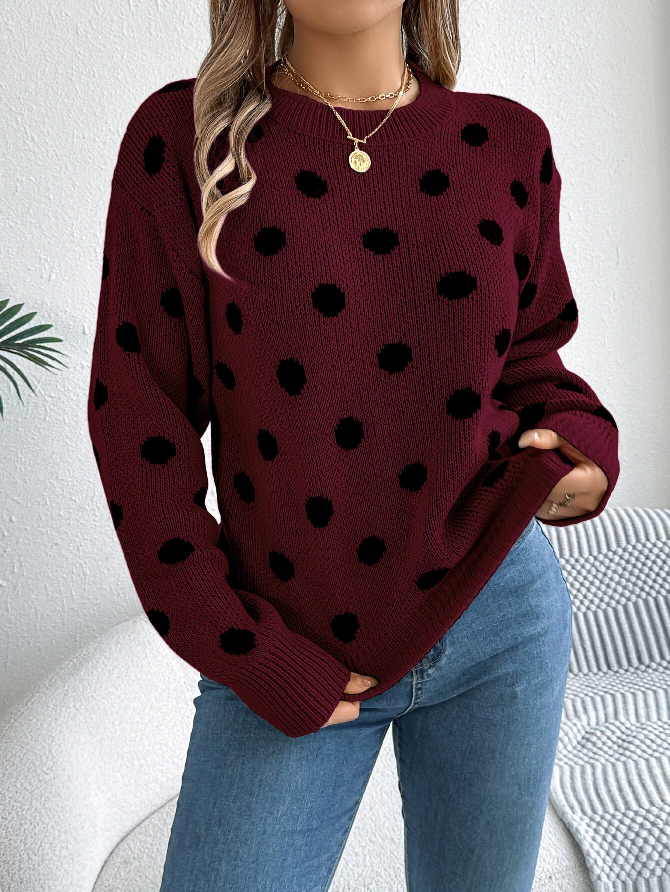 Casual Color Block Polka Dot Long Sleeve Pullover Sweater - Image 3