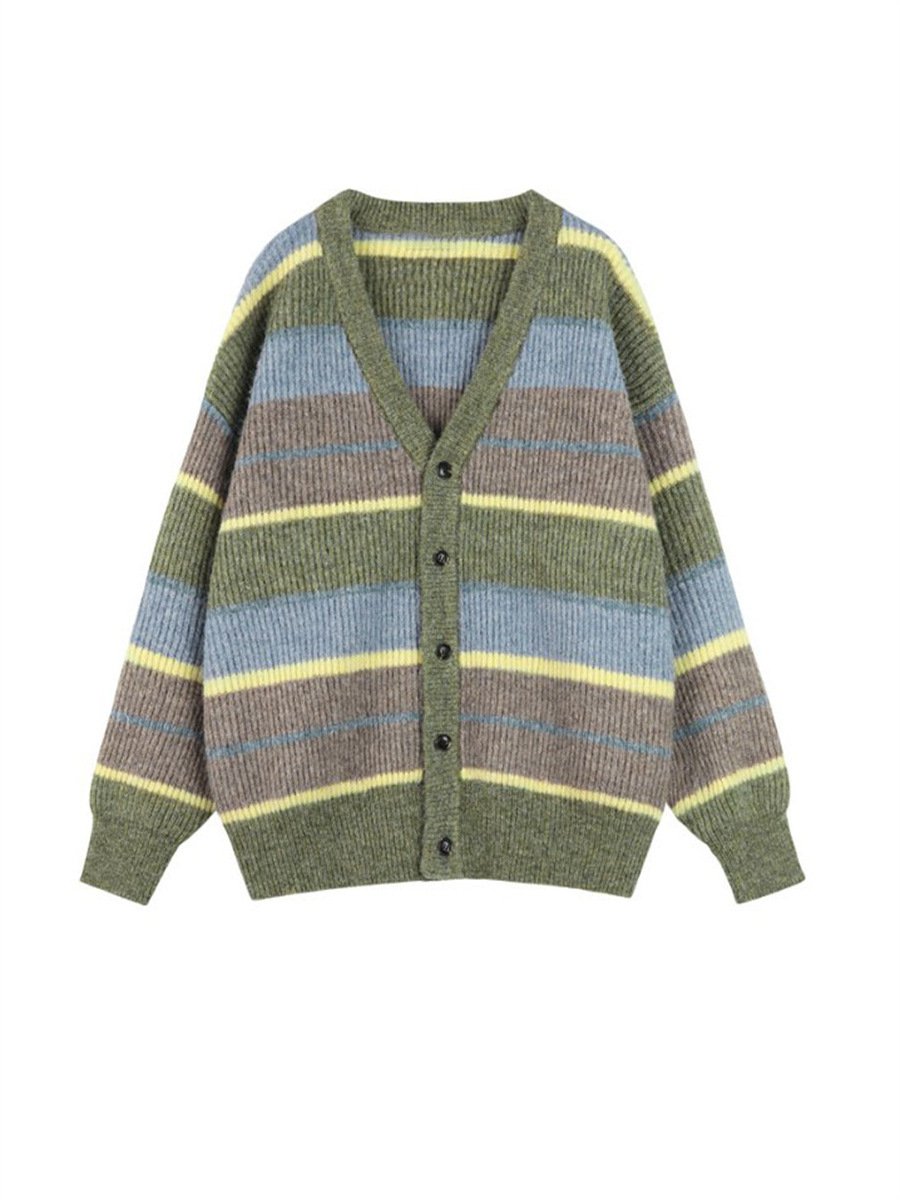 V-neck Japanese Lazy Style Retro Striped Sweater Coat Women - Image 10