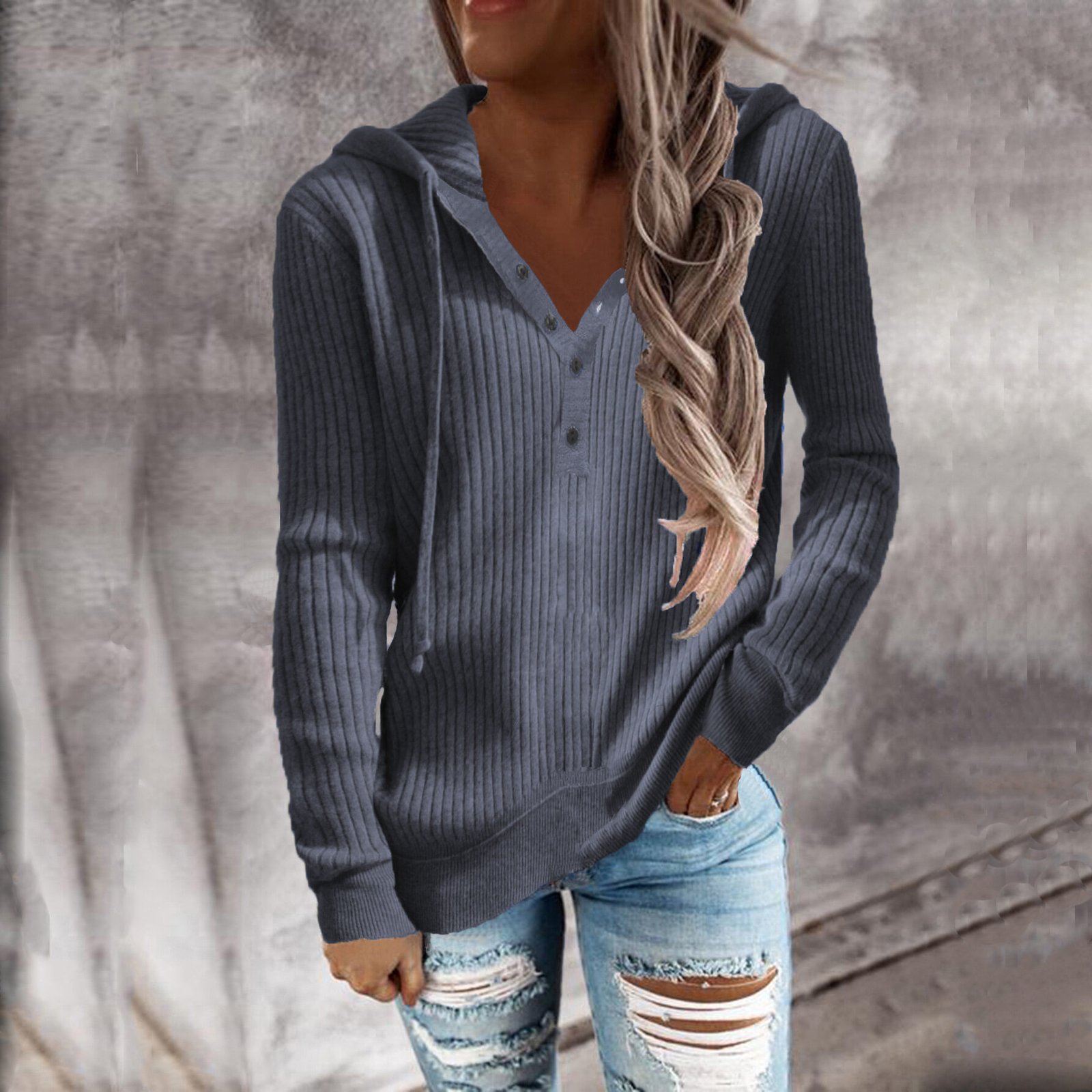 Women's Solid Color Casual Hoodie Loose Knit - Image 2