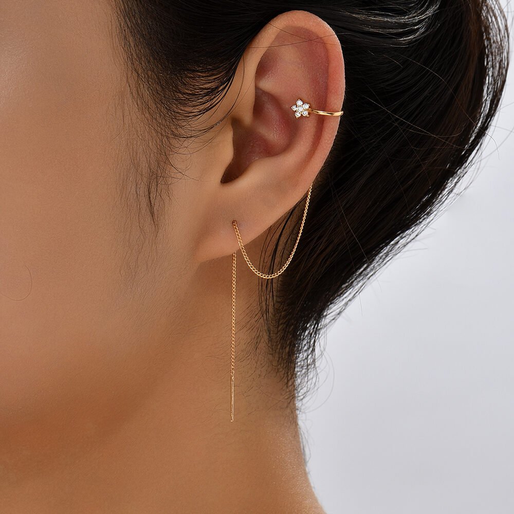 Extra Long Tassel Ear Thread Pentagonal Irregular Geometric Diamond Ear Clip Earrings