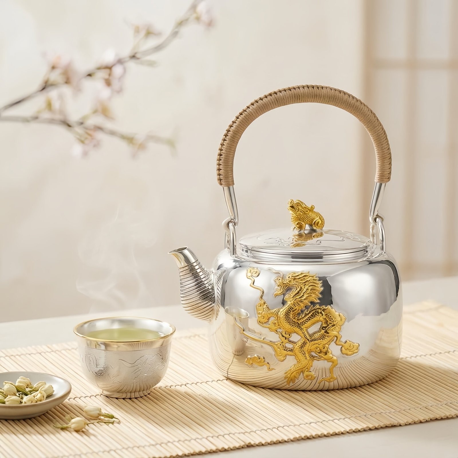 925 Sterling Silver Exquisite Silver Teapot with Gilded Imperial Dragon Relief and Woven Handle - Handicraft - Image 3