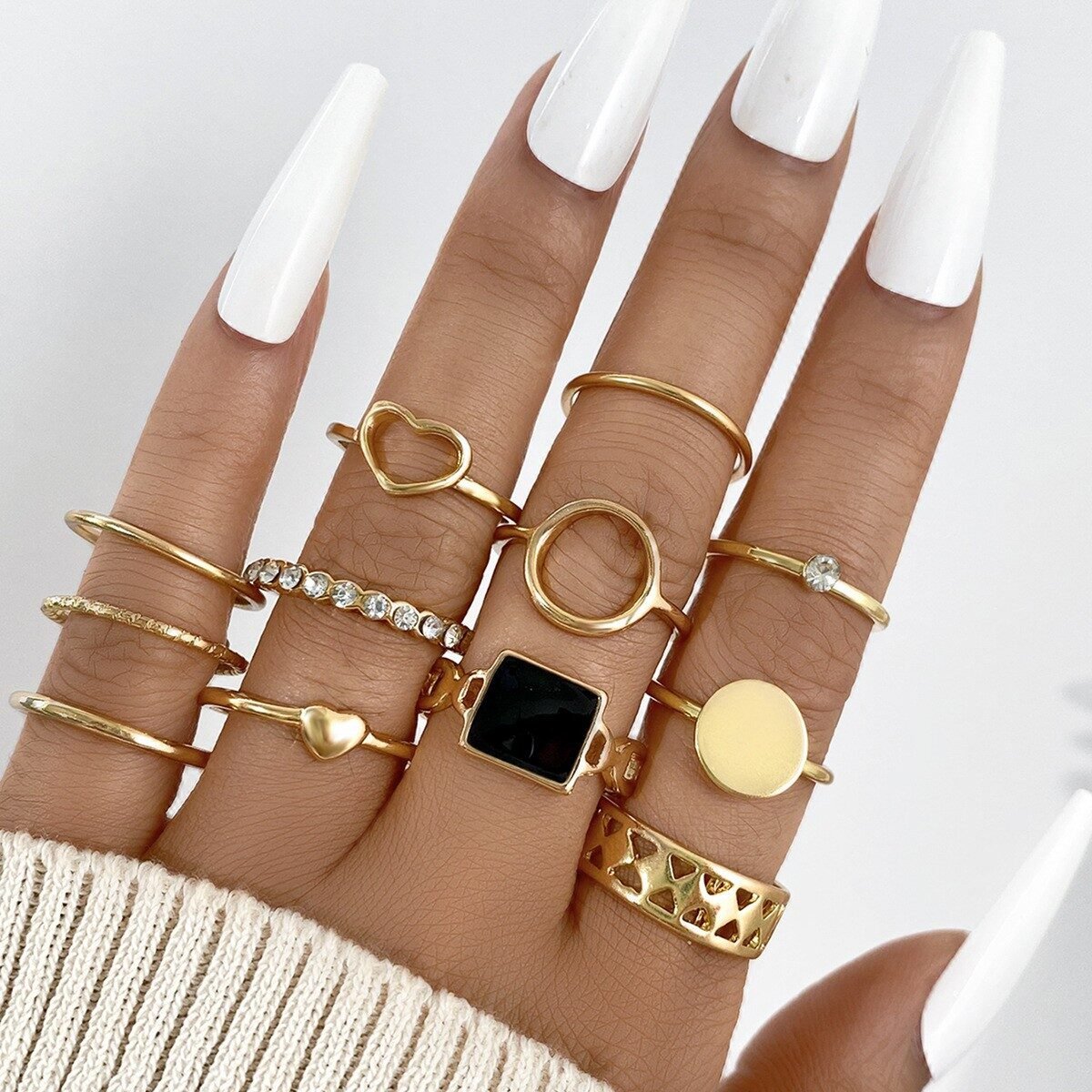 Hollow Heart Geometric Butterfly Leaf Ring Suit - Image 10