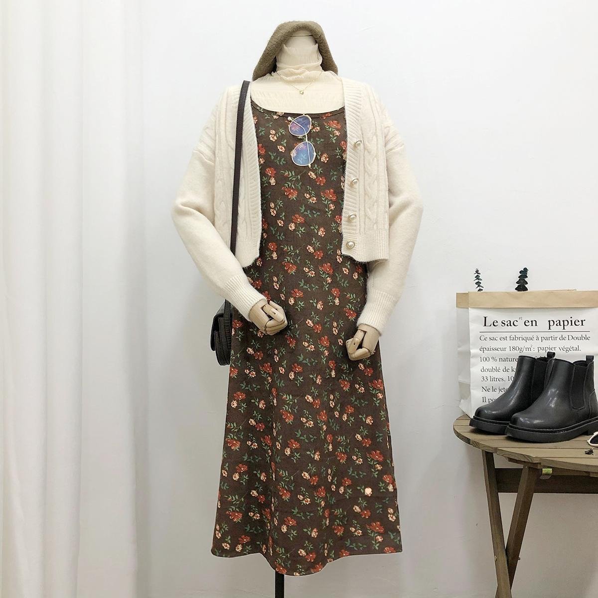Sleeveless Dress Women Simple Print Daily Spring Corduroy Retro Soft Lovely - Image 4