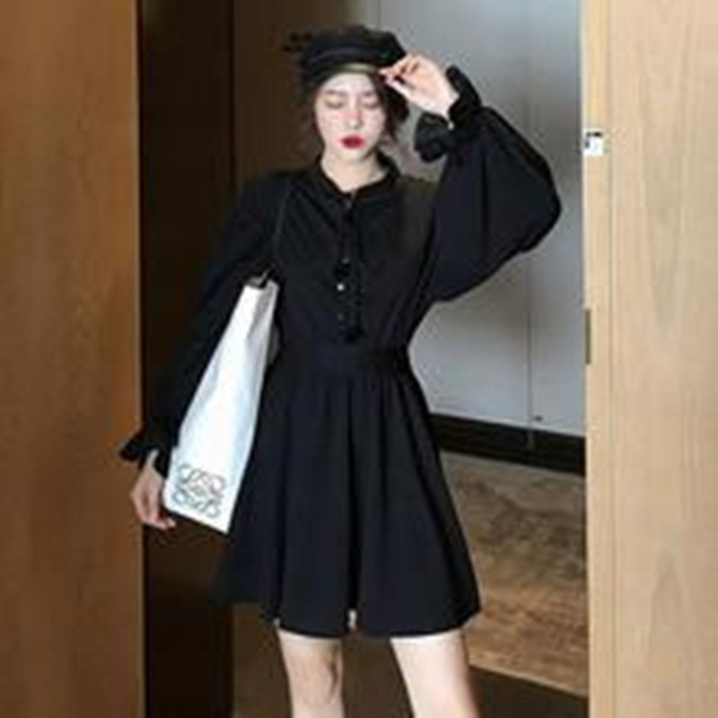 Puff sleeve girl looks thin and super fairy and fluffy little black dress - Image 2
