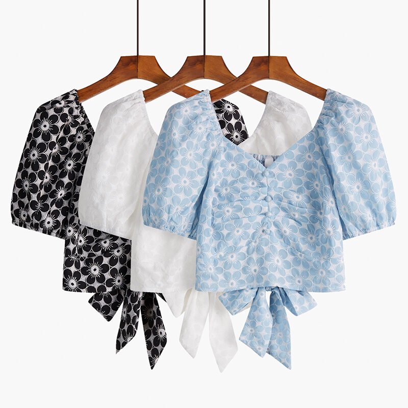 Women's Short Sleeve Thin Floral Puff Shirt - Image 5