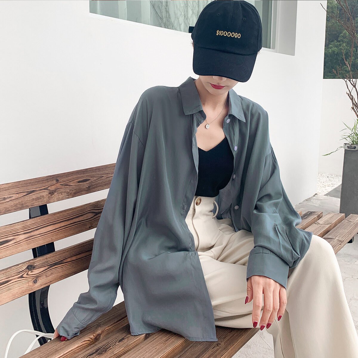 Loose long-sleeved solid color shirt in silky fabric - Image 3