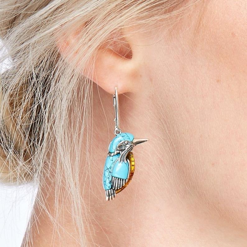 Nature Vintage Silver Be Similar Turquoise Bird Earrings - Image 2