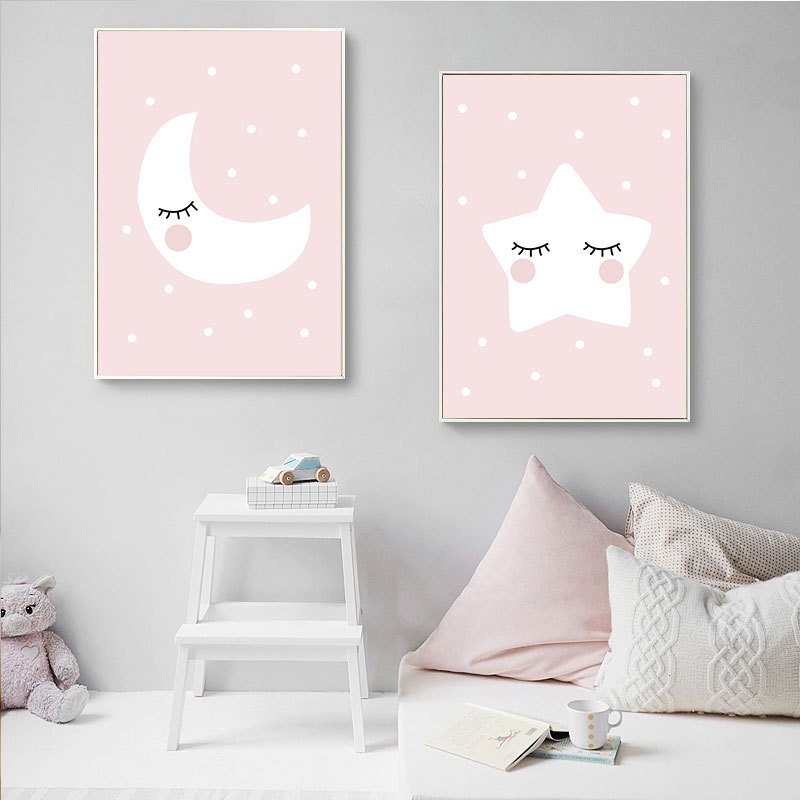 Pink moon, clouds, stars, decorative painting core - Image 2