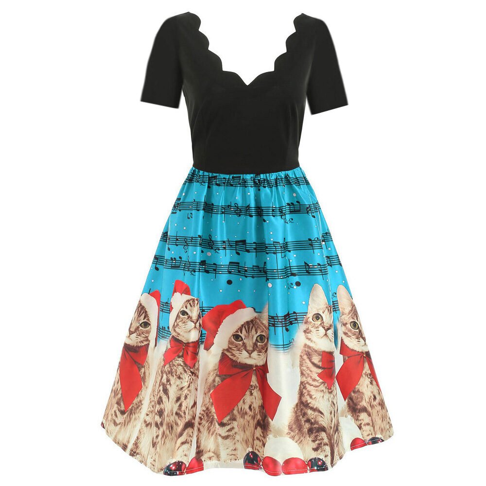 Hepburn style wave V-neck short sleeve printed dress - Image 4