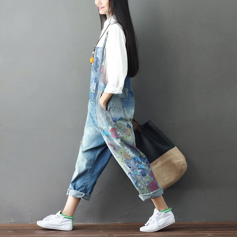 Stitched jeans large size printed suspender bib - Image 2