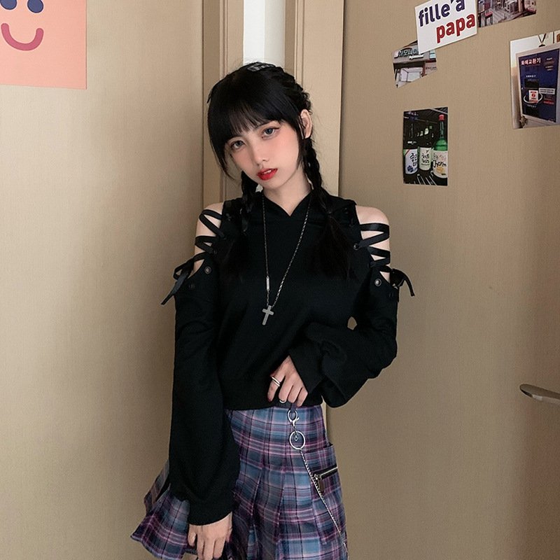 Dark Tie Hoodie With Off-the-shoulder Straps