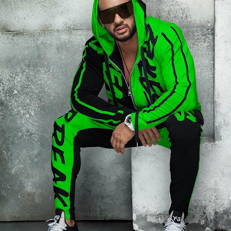 Men's Sports Suit Hooded Letters Color Matching Zipper Cardigan - Image 8