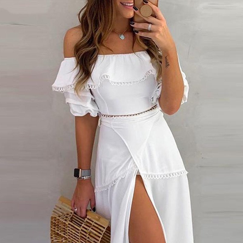 Off-the-shoulder ruffled high-open dress - Image 2