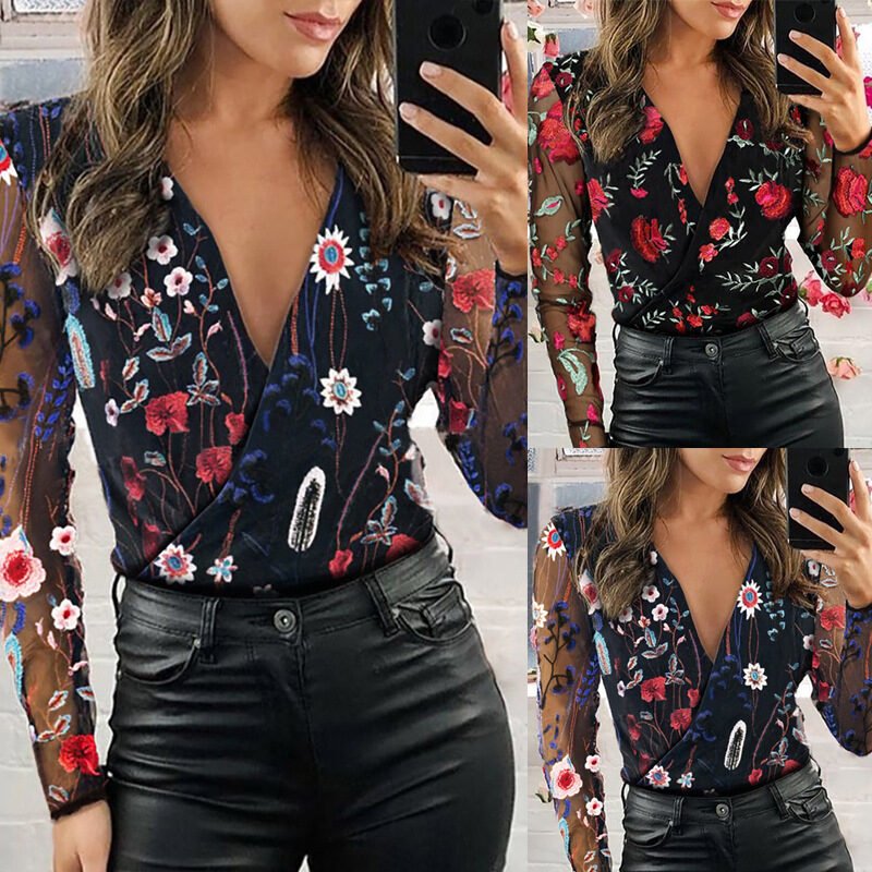 Embroidered V-neck Mesh Stitching Long-sleeved Shirt