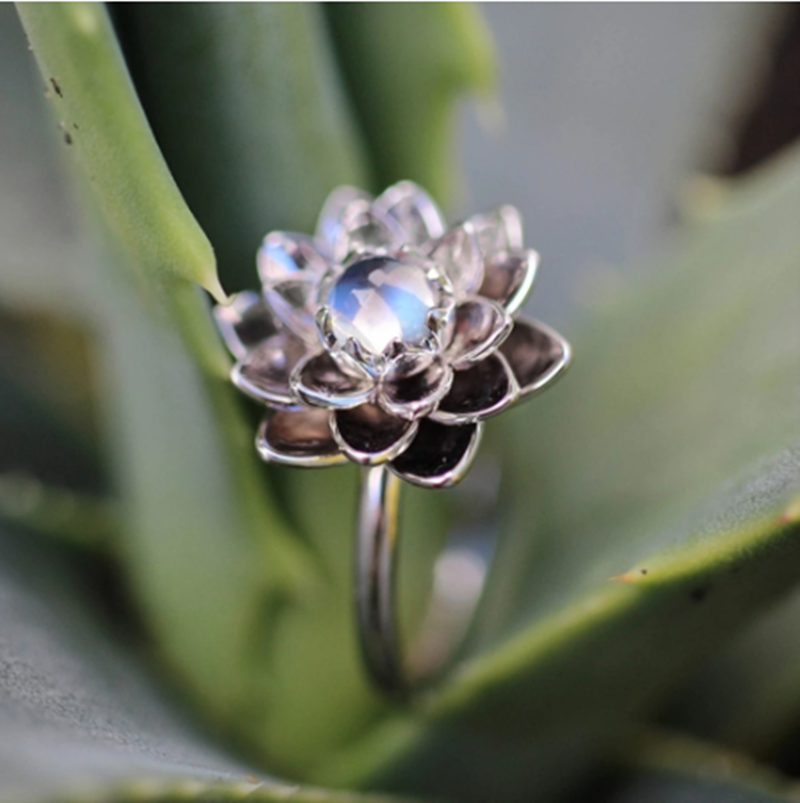 Moonstone White Lotus Ring Crystal Rhinestone - Image 2