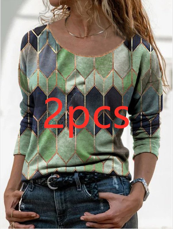 Long sleeve retro geometric print casual top T-shirt - Image 4