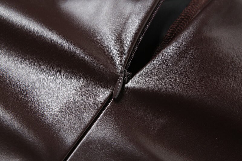 Long-sleeved Round Neck Zipper Faux Leather Solid Color Cardigan - Image 7