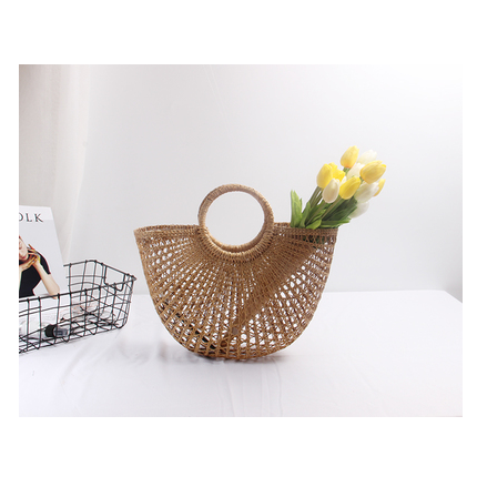 Pure-color handmade Mori Nv Korean version cotton and hemp beach knitting lady straw wrapping rattan wrapping bamboo wrapping shoulder straw wrapping - Image 2
