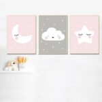 Pink moon, clouds, stars, decorative painting core