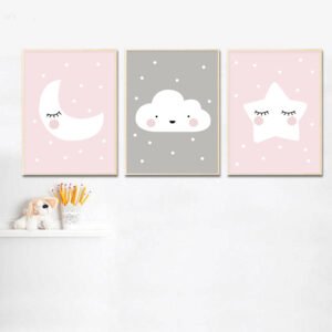 Pink moon, clouds, stars, decorative painting core