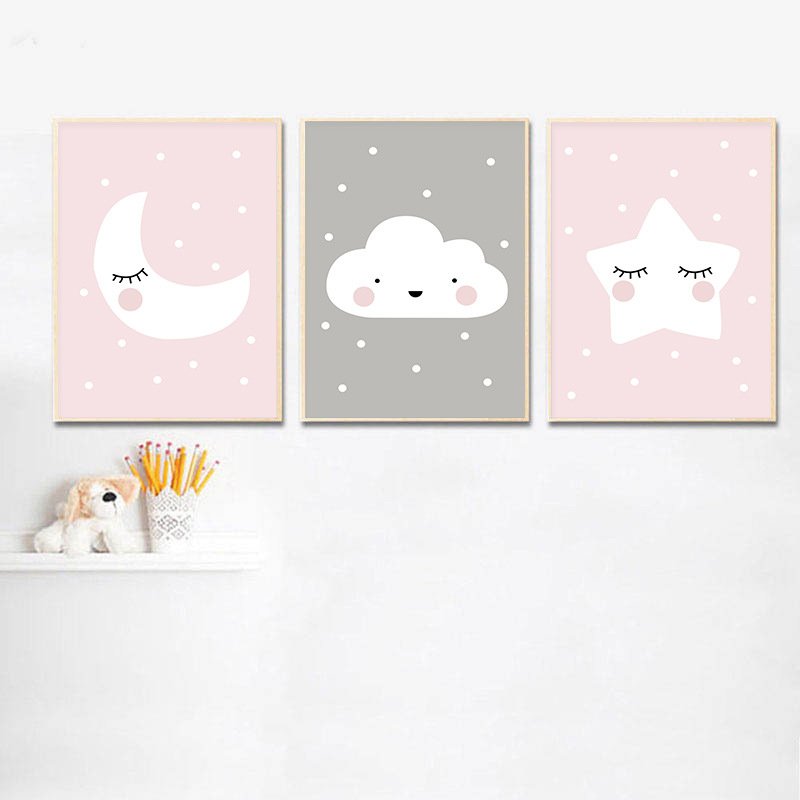 Pink moon, clouds, stars, decorative painting core