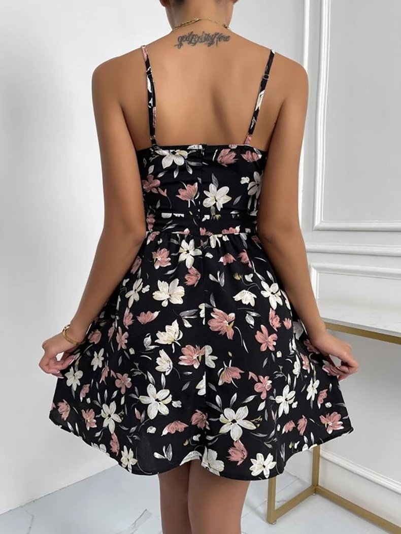 European And American Women's Elegant Suspender Skirt V-neck Pullover Sleeveless Print Dress - Image 8