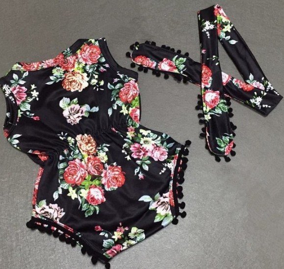 Dark Floral Set Infant Flower Print One-piece Romper Headwear - Image 2