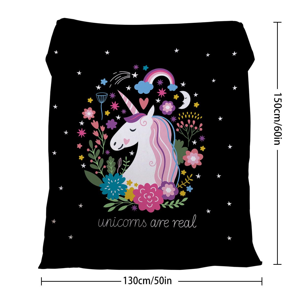 1 Pce Of Flannel Black Base Unicorn Pattern Soft And Fluffy Multifunctional Outdoor Beach Camping Living Room Sofa Office Nap Printed Blanket - Image 8