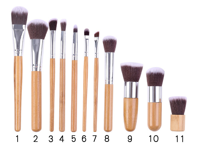 11 bamboo handles, makeup brush, tool set, linen bag, blush brush, foundation brush, and a full set of makeup. - Image 2