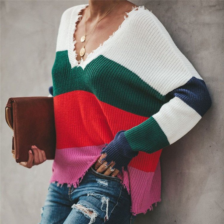 Ripped stitching sweater V-neck knitted sweater