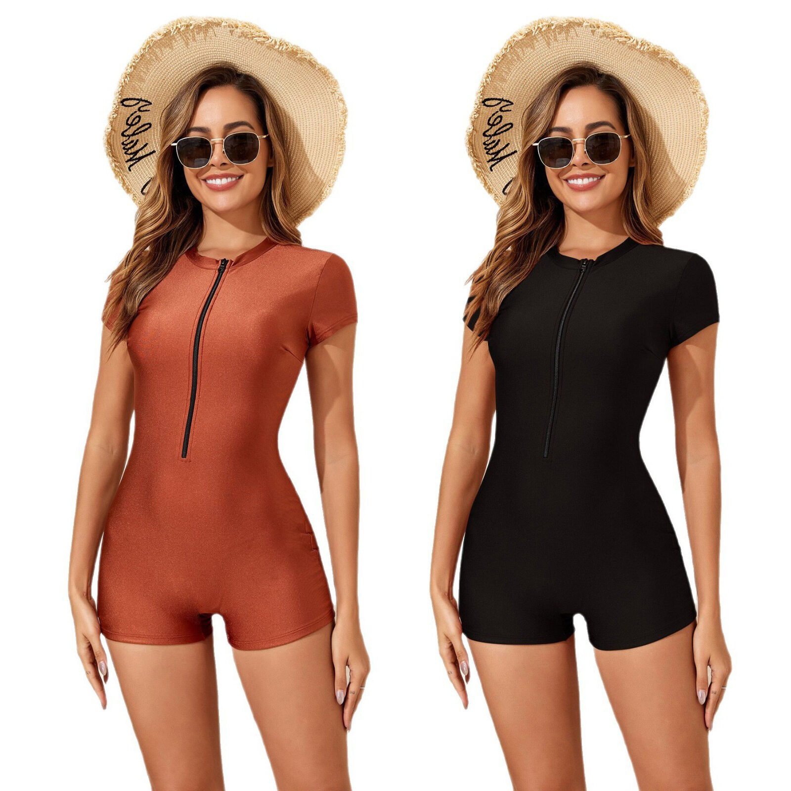 Solid Color Zipper One-pieces Short Sleeve Beach Sports Swimwear - Image 3