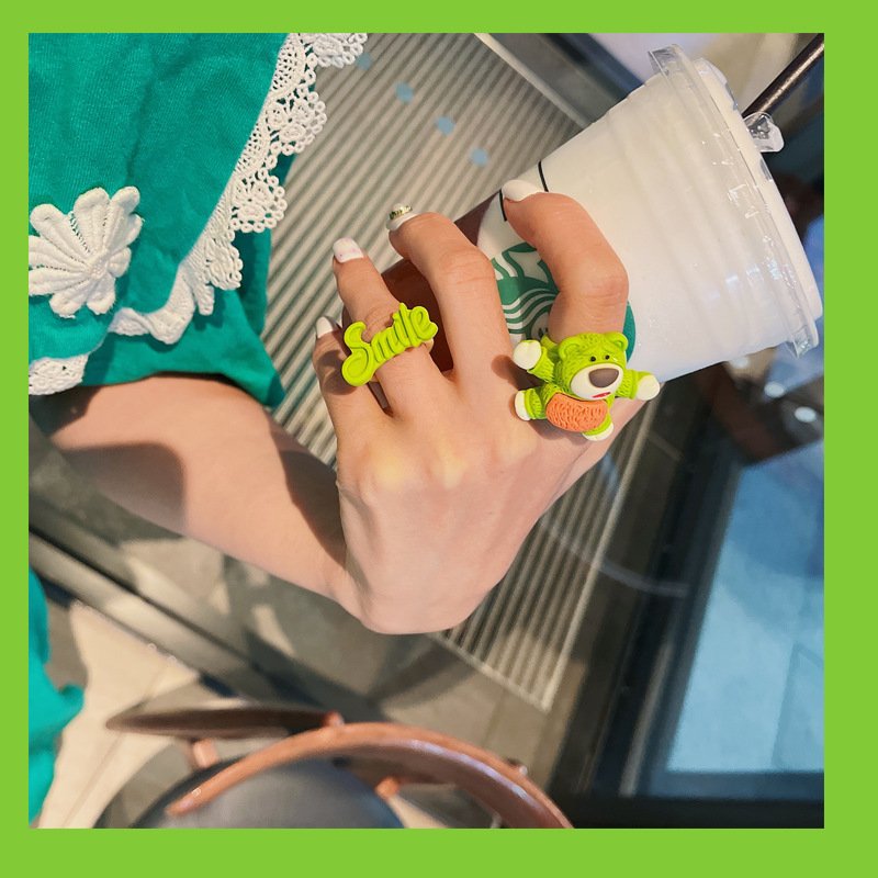 Korean Delicate Cute Green Exaggerated Bear Bow Ring Female - Image 3