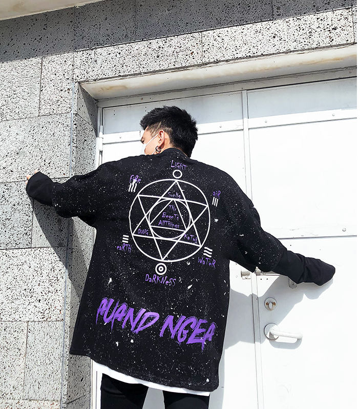 Autumn country tide high street dark black loose oversize round neck sweater men and women hip hop printed fake two-piece sweater - Image 5