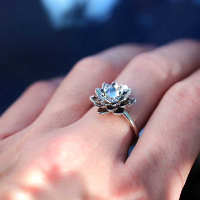 Moonstone White Lotus Ring Crystal Rhinestone