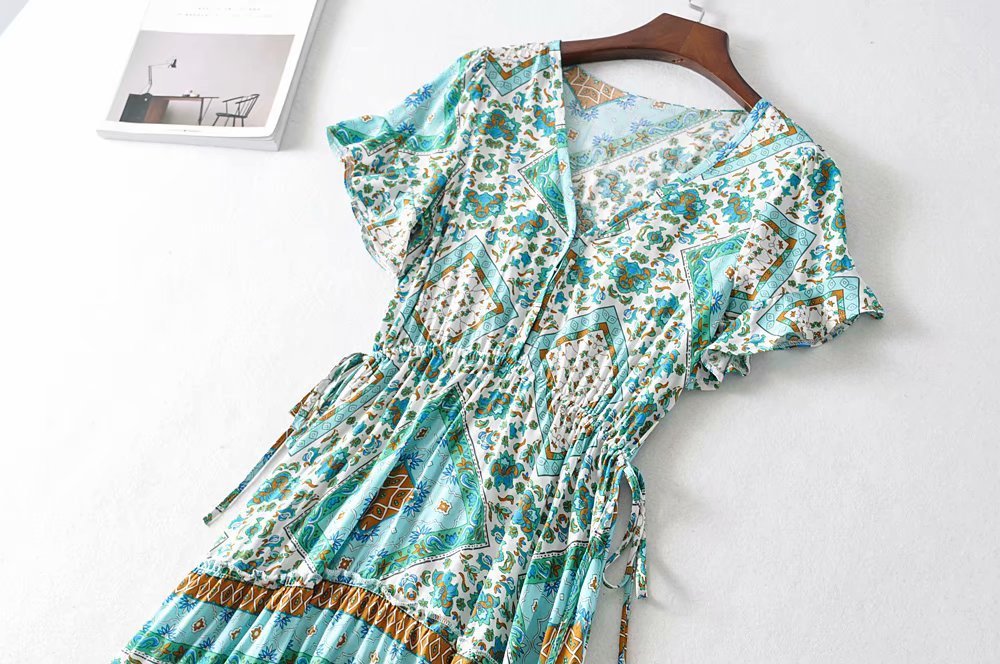 V-neck belted print dress