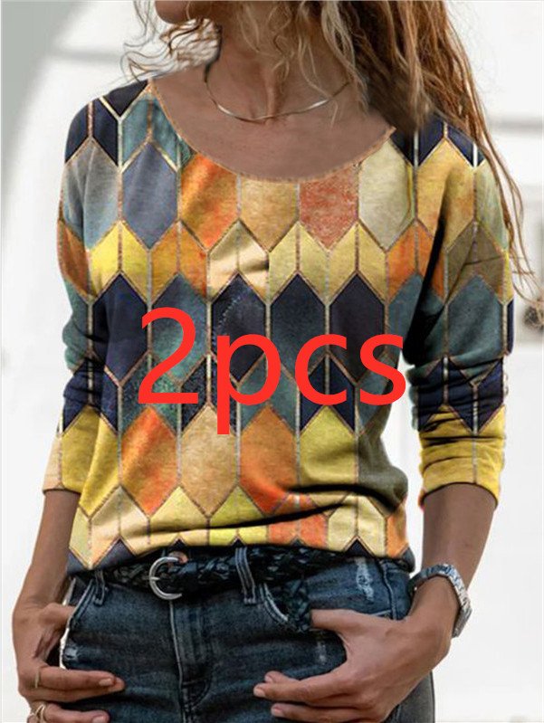 Long sleeve retro geometric print casual top T-shirt - Image 8